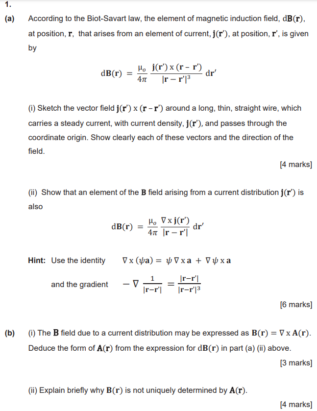 1 A According To The Biot Savart Law The Element Of Magnetic Induction Field Db R At Position R That Arises Fro 1