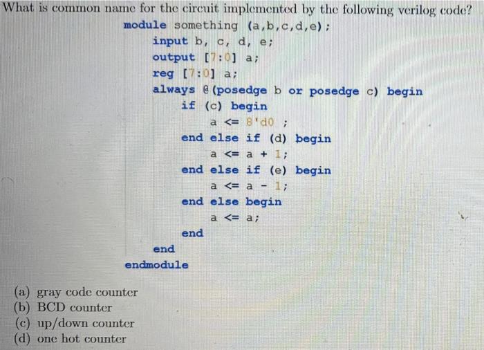 What Is Common Name For The Circuit Implemented By The Following Verilog Code Module Something A B C D E Input B C 1