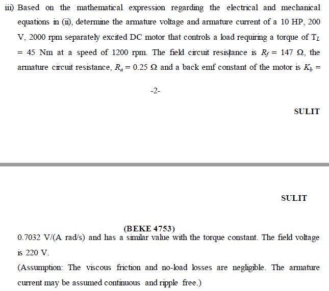 Ill Based On The Mathematical Expression Regarding The Electrical And Mechanical Equations In 1 Determine The Armatu 1