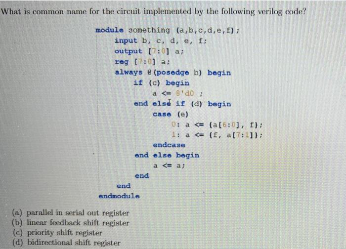 What Is Common Name For The Circuit Implemented By The Following Verilog Code Module Something A B C D E F Input B 1