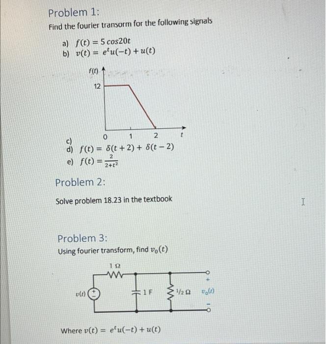 Problem 1 Find The Fourier Transorm For The Following Signals A F T 5 Cos20t B V T Efu T U T F T 1 12 2 1
