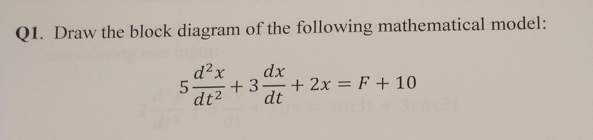 Q1 Draw The Block Diagram Of The Following Mathematical Model D X Dx 5 3 2x F 10 Dt2 Dt 1