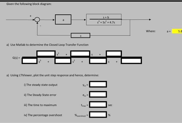 Given The Following Block Diagram A S B 5s 4 75 Where A 5 8 A Use Matlab To Determine The Closed Loop Transfer 1