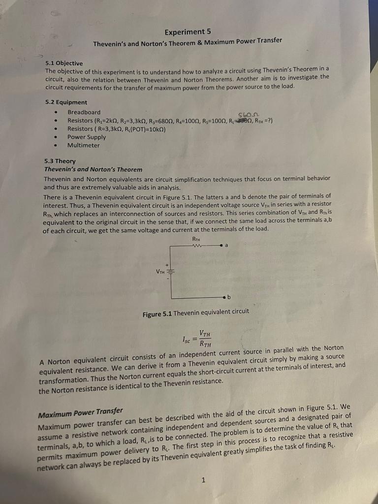Experiment 5 Thevenin S And Norton S Theorem Maximum Power Transfer 5 1 Objective The Objective Of This Experiment Is 1