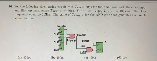 16 For The Following Clock Gating Circuit With Tpd 50ps For The And Gate With The Clock Input And Flip Flop Parameters 1