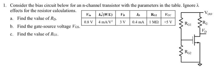 Rg2 Vio 1 Consider The Bias Circuit Below For An N Channel Transistor With The Parameters In The Table Ignore A Effect 1