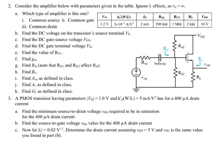Rg Rl 10 V Voo W Rgi F Find Gm Rar Infinite Vout 2 Consider The Amplifier Below With Parameters Given In The Table 1