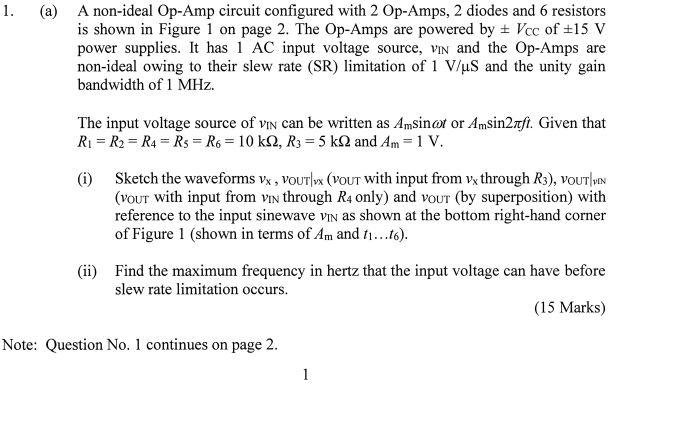 1 A A Non Ideal Op Amp Circuit Configured With 2 Op Amps 2 Diodes And 6 Resistors Is Shown In Figure 1 On Page 2 Th 1