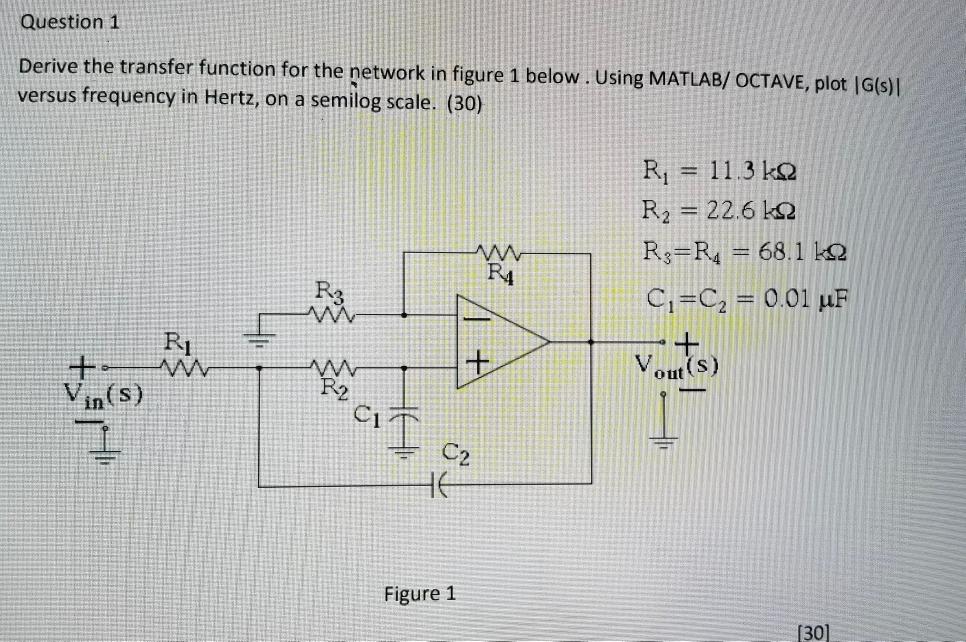 Question 1 Derive The Transfer Function For The Network In Figure 1 Below Using Matlab Octave Plot G S Versus Freq 1