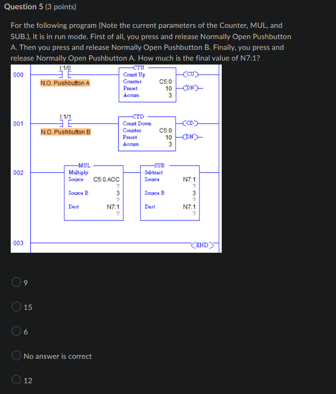 Question 5 3 Points For The Following Program Note The Current Parameters Of The Counter Mul And Sub It Is In Ru 1