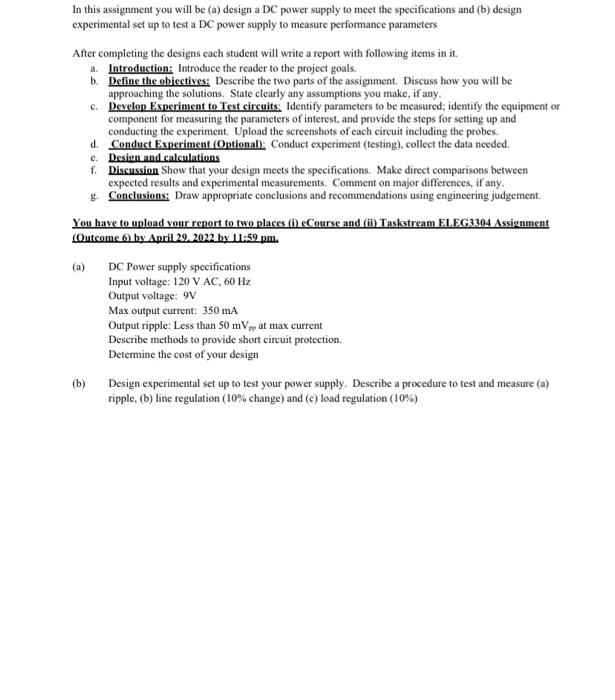 A In This Assignment You Will Be A Design A Dc Power Supply To Meet The Specifications And B Design Experimental Set 1