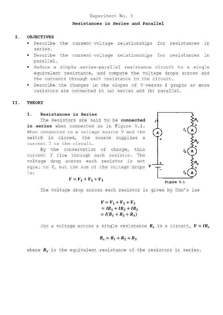 Experiment No 5 Resistances In Series And Parallel I In Objectives Describe The Current Voltage Relationships For R 1