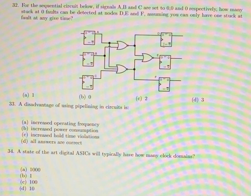 32 For The Sequential Circuit Below If Signals A B And C Are Set To 0 0 And 0 Respectively How Many Stuck At 0 Faults 1