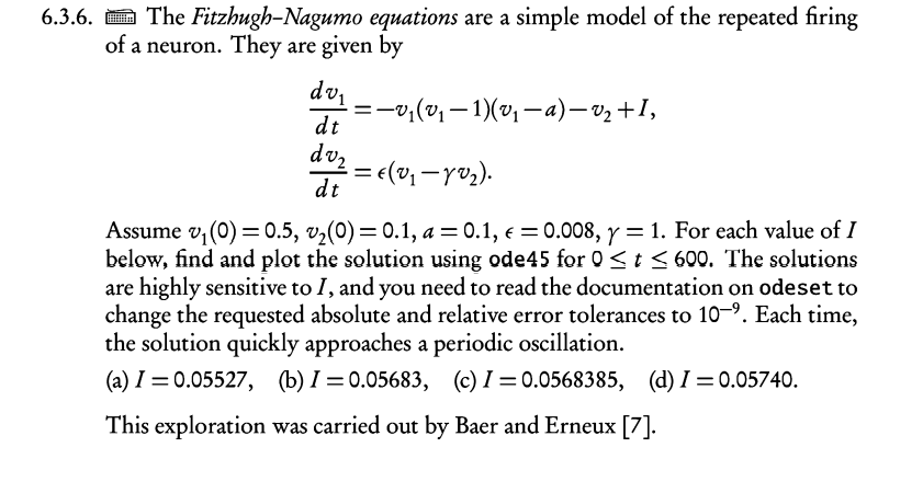 6 3 6 The Fitzhugh Nagumo Equations Are A Simple Model Of The Repeated Firing Of A Neuron They Are Given By Dvi 1 1