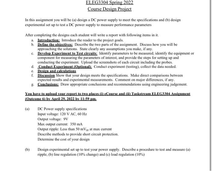 Eleg3304 Spring 2022 Course Design Project In This Assignment You Will Be A Design A Dc Power Supply To Meet The Speci 1