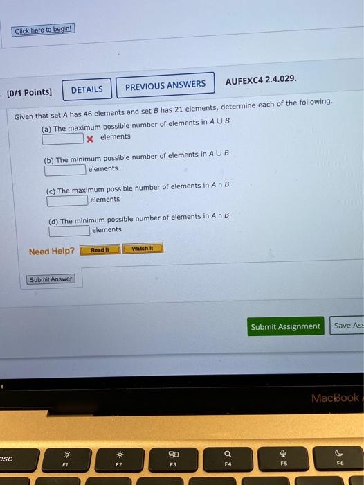 Click Here To Begin Details Previous Answers Aufexc4 2 4 029 0 1 Points Given That Set A Has 46 Elements And Set B 1