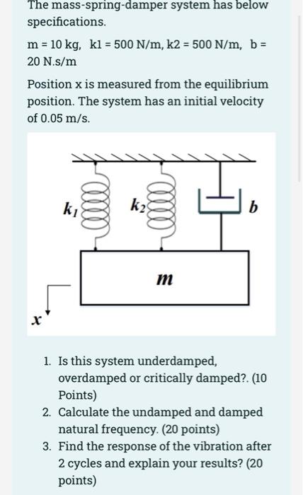 The Mass Spring Damper System Has Below Specifications M 10 Kg Kl 500 N M K2 500 N M B 20 N S M Position X Is 1