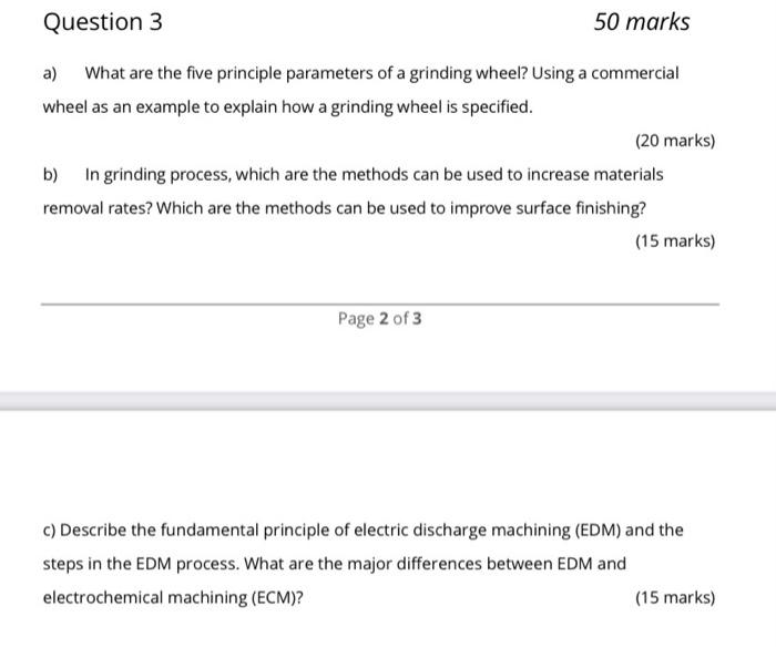 Question 3 50 Marks A What Are The Five Principle Parameters Of A Grinding Wheel Using A Commercial Wheel As An Exampl 1