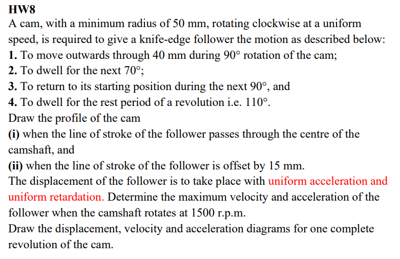 Hw8 A Cam With A Minimum Radius Of 50 Mm Rotating Clockwise At A Uniform Speed Is Required To Give A Knife Edge Follo 1
