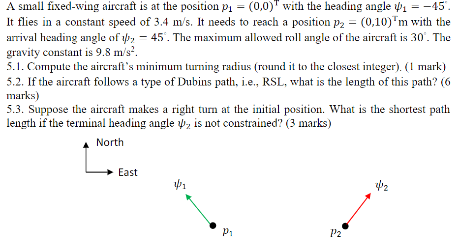 A Small Fixed Wing Aircraft Is At The Position P1 0 0 With The Heading Angle 41 45 It Flies In A Const 1