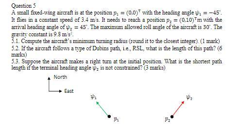 Question 5 A Small Fixed Wing Aircraft Is At The Position P 0 0 With The Heading Angle V 45 It Flies In A Co 1
