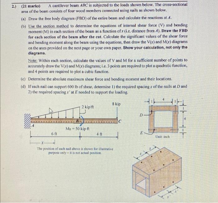 2 21 Marks A Cantilever Beam Abc Is Subjected To The Loads Shown Below The Cross Sectional Area Of The Beam Consist 1