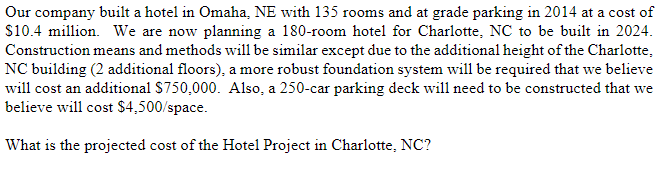 Our Company Built A Hotel In Omaha Ne With 135 Rooms And At Grade Parking In 2014 At A Cost Of 10 4 Million We Are No 1