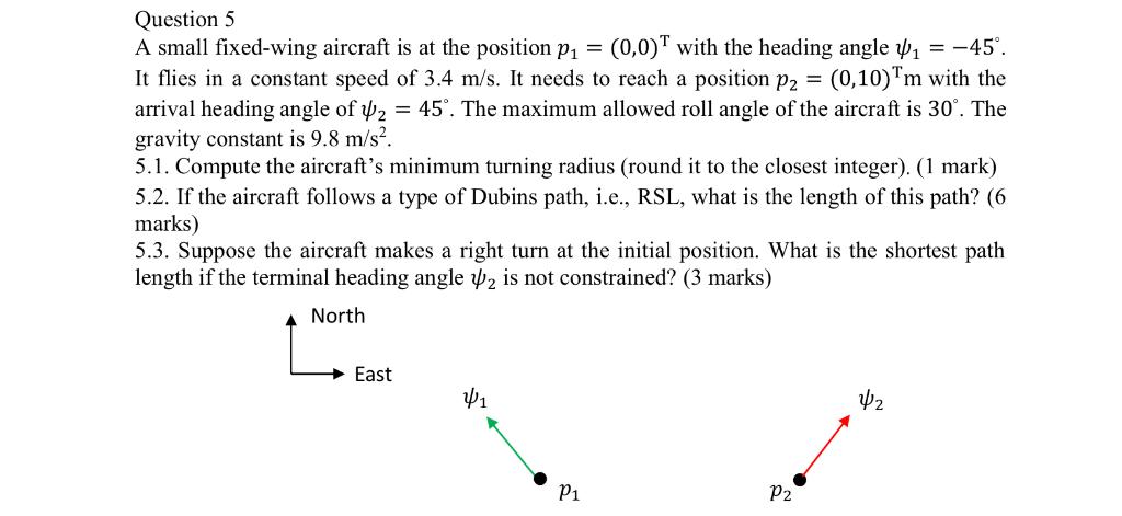 Question 5 A Small Fixed Wing Aircraft Is At The Position P1 0 0 T With The Heading Angle 41 45 It Flies In A 1