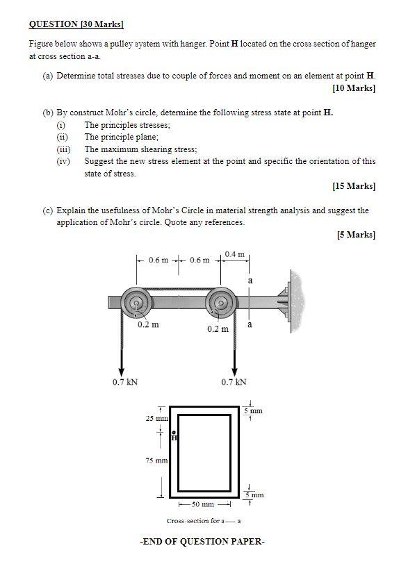 Question 30 Marks Figure Below Shows A Pulley System With Hanger Point H Located On The Cross Section Of Hanger At Cr 1