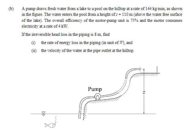 B 6 A Pump Draws Fresh Water From A Lake To A Pool On The Hilltop At A Rate Of 144 Kg Min As Shown In The Figure The 1