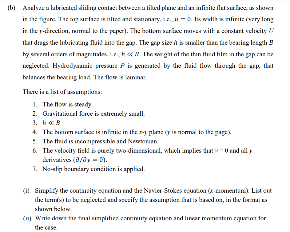 B Analyze A Lubricated Sliding Contact Between A Tilted Plane And An Infinite Flat Surface As Shown In The Figure Th 1