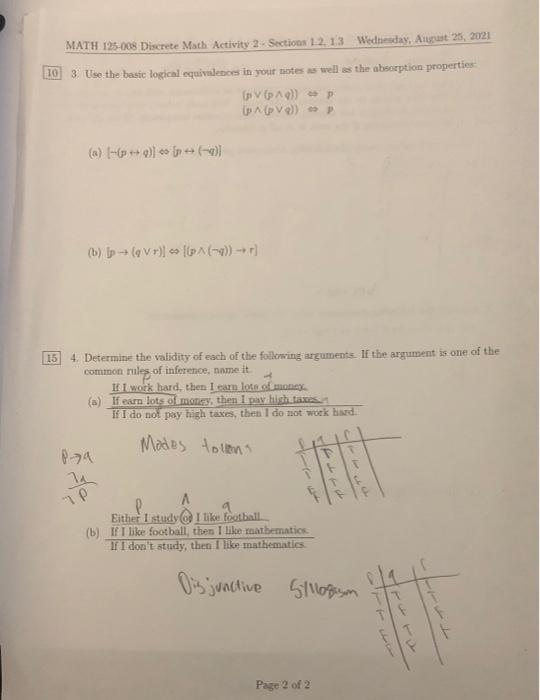 Math 125 008 Discrete Math Activity 2 Sections 12 13 Wednesday August 25 2021 10 3 Use The Basic Logical Equivalenc 1
