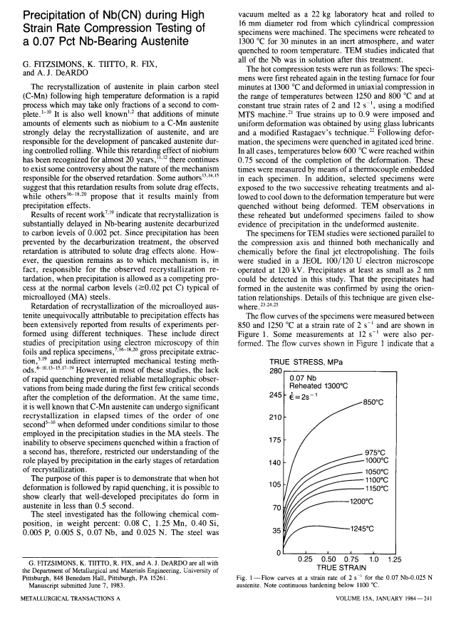 Precipitation Of Nb Cn During High Strain Rate Compression Testing Of A 0 07 Pct Nb Bearing Austenite G Fitzsimons K 1