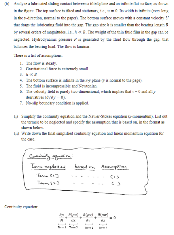 6 Analyze A Lubricated Sliding Contact Between A Tilted Plane And An Infinite Flat Surface As Shown In The Figure Th 1