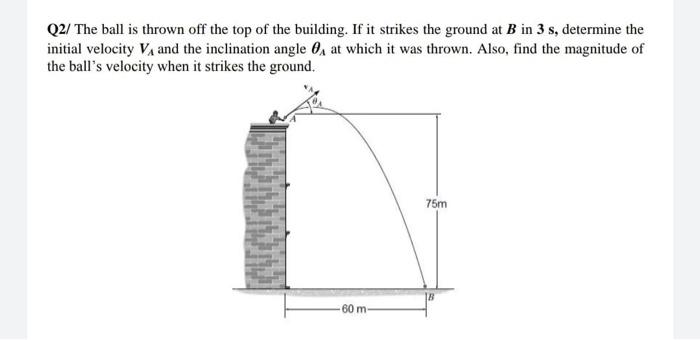 Q2 The Ball Is Thrown Off The Top Of The Building If It Strikes The Ground At B In 3 S Determine The Initial Velocity 1