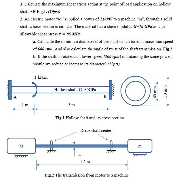 1 Calculate The Maximum Shear Stress Acting At The Point Of Load Application On Hollow Shaft Ab Fig 1 10pst 2 An El 1