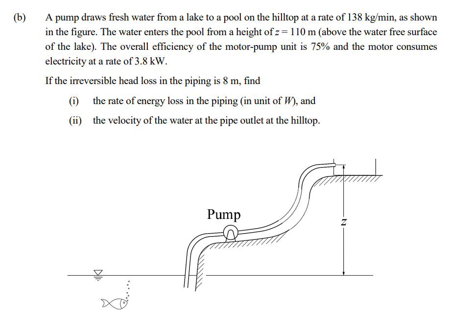 B A Pump Draws Fresh Water From A Lake To A Pool On The Hilltop At A Rate Of 138 Kg Min As Shown In The Figure The W 1