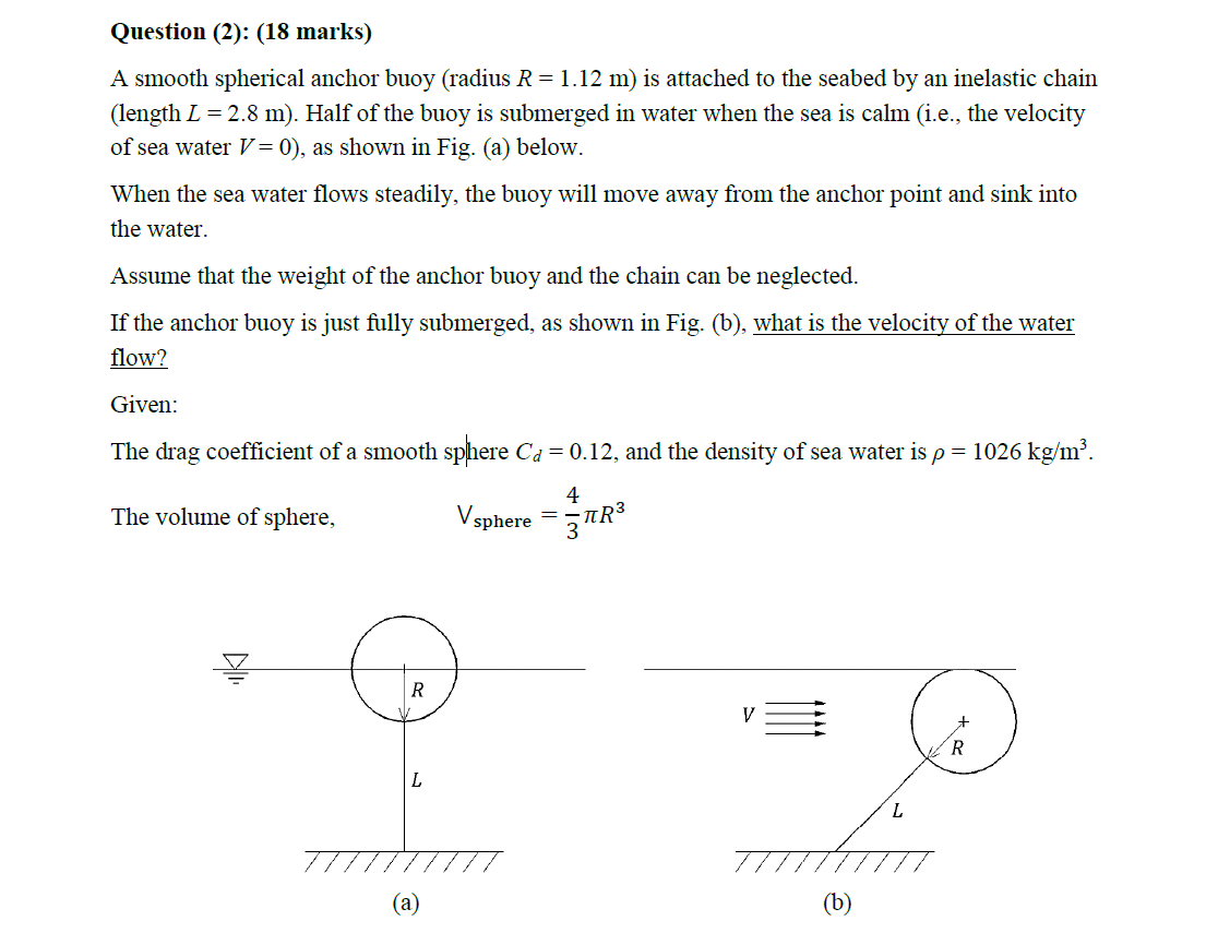 Question 2 18 Marks A Smooth Spherical Anchor Buoy Radius R 1 12 M Is Attached To The Seabed By An Inelastic Chai 1
