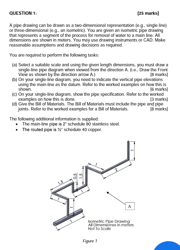 Question 1 25 Marks A Pipe Drawing Can Be Drawn As A Two Dimensional Representation E G Single Line Or Three Dime 1