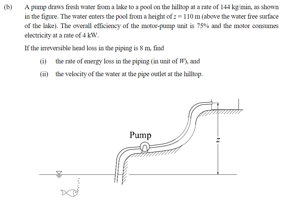 B A Pump Draws Fresh Water From A Lake To A Pool On The Hilltop At A Rate Of 144 Kg Min As Shown In The Figure The 1