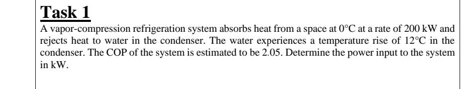Task 1 A Vapor Compression Refrigeration System Absorbs Heat From A Space At 0 C At A Rate Of 200 Kw And Rejects Heat To 1
