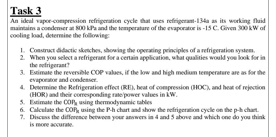 Task 3 An Ideal Vapor Compression Refrigeration Cycle That Uses Refrigerant 134a As Its Working Fluid Maintains A Conden 1