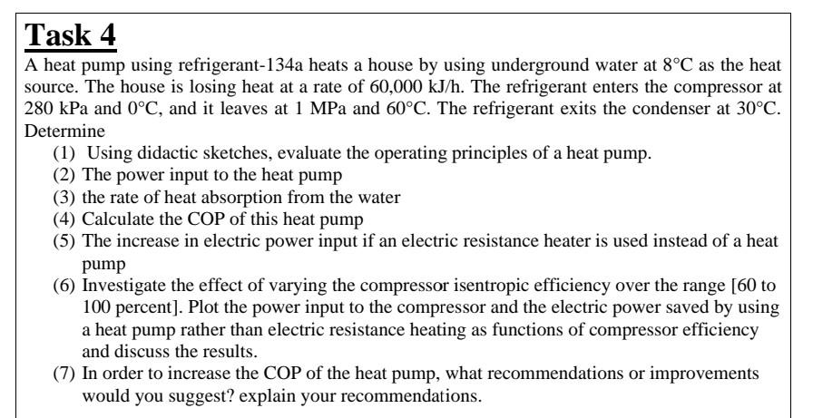 Task 4 A Heat Pump Using Refrigerant 134a Heats A House By Using Underground Water At 8 C As The Heat Source The House 1