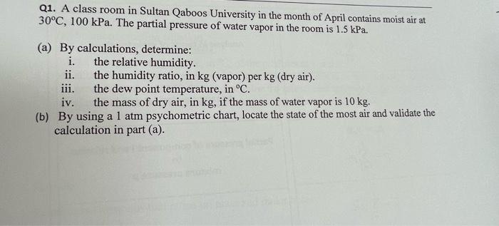 Q1 A Class Room In Sultan Qaboos University In The Month Of April Contains Moist Air At 30 C 100 Kpa The Partial Pres 1