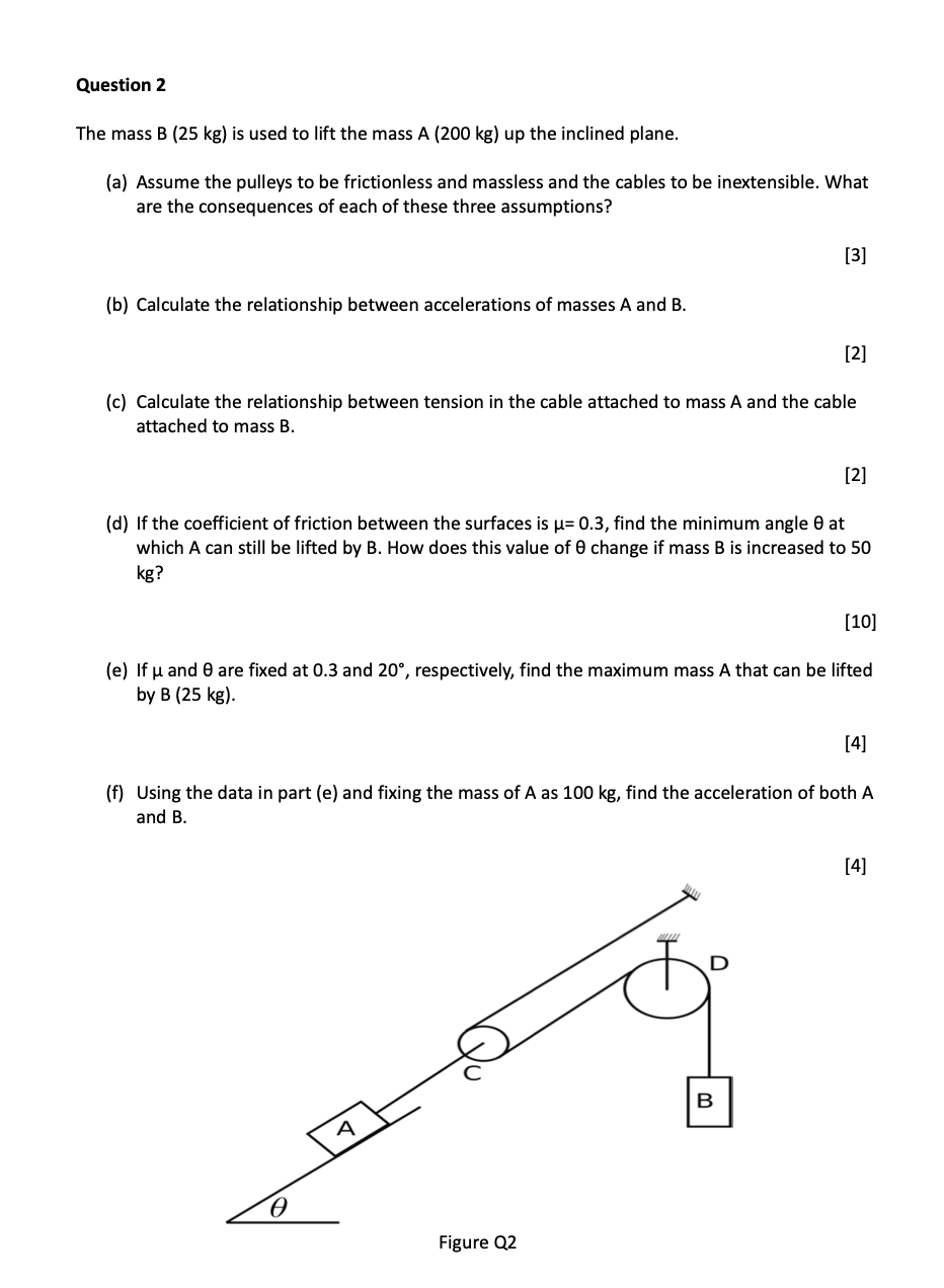 Question 2 The Mass B 25 Kg Is Used To Lift The Mass A 200 Kg Up The Inclined Plane A Assume The Pulleys To Be Fr 1