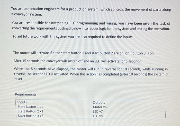 You Are Automation Engineers For A Production System Which Controls The Movement Of Parts Along A Conveyor System You 1
