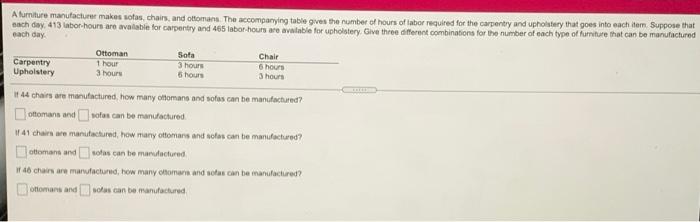 Alumiture Manufacturer Makes Sotas Chairs And Ottomana The Accompanying Table Gives The Number Of Hours Of Labor Requ 1