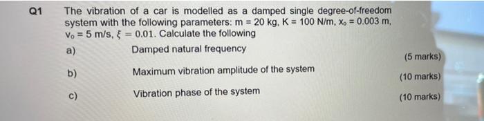 Q1 The Vibration Of A Car Is Modelled As A Damped Single Degree Of Freedom System With The Following Parameters M 20 1