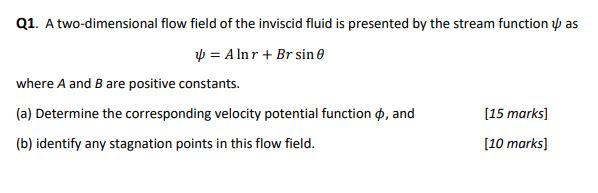 Q1 A Two Dimensional Flow Field Of The Inviscid Fluid Is Presented By The Stream Function Y As W Alnr Br Sin Where 1