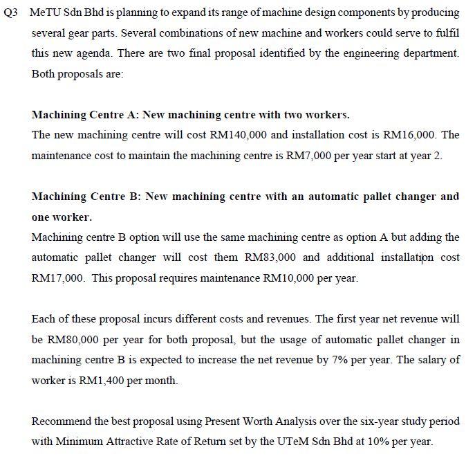 Q3 Metu Sdn Bhd Is Planning To Expand Its Range Of Machine Design Components By Producing Several Gear Parts Several Co 1
